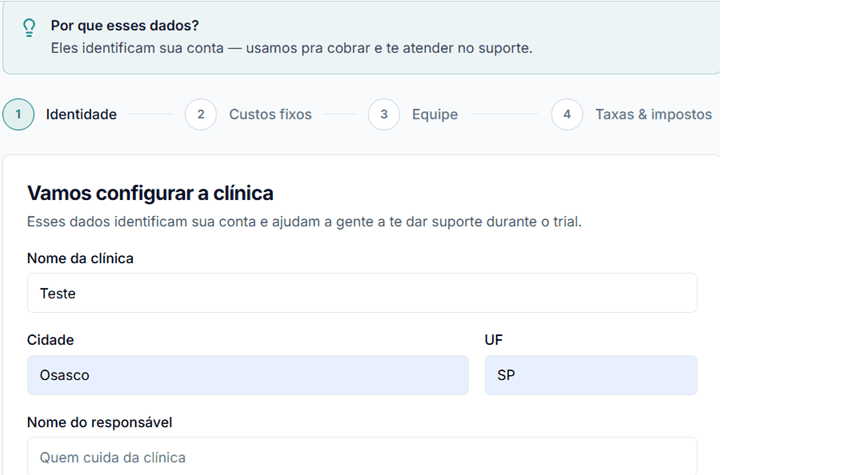 Onboarding guiado em 4 passos